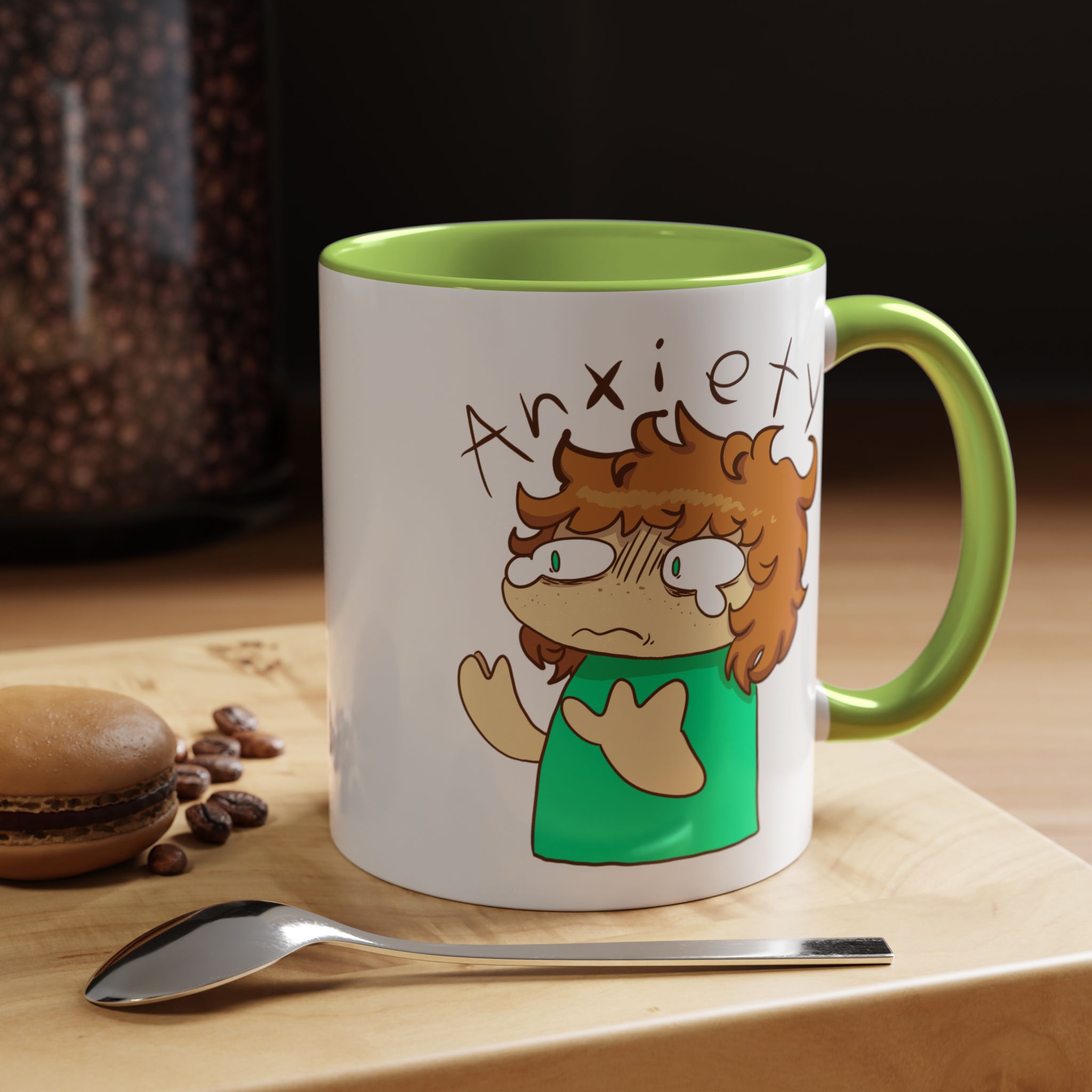 Green and white mug with a cartoon — anxiety design